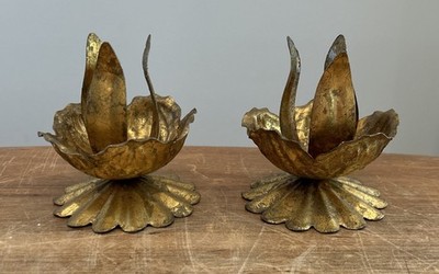 2- Italian Florentine Gilt Metal Tole Lotus Blossom Candleholder Made in Italy