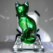 Fenton Green Glass Cat Figurine 5  Hand Painted by K Wanstreet Signed USA