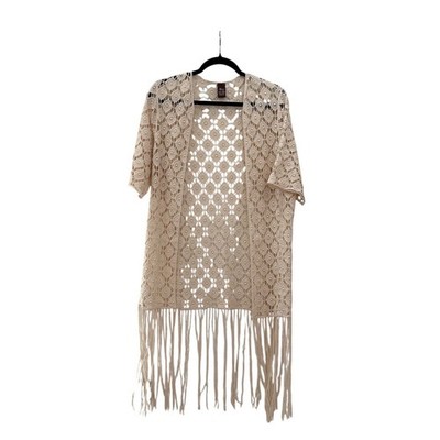 Raj Womens Crochet Kimono Boho Cardigan Cream Cotton Fringe Open Front One Size