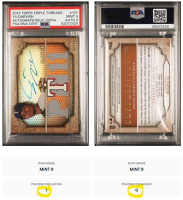 2013 Triple Threads Yu Darvish Auto Relic Sepia 65/75 PSA 9