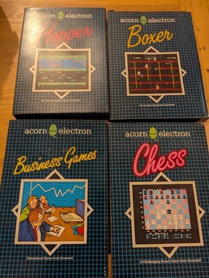 Acorn Electron Spiele Bundle x 4 Boxer Hopper Business Chess Cassettes