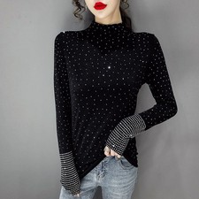 Lady Half Neck Shirt Slim Fit Tops Rhinestone Long Sleeve Blouse Pullover Casual