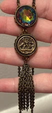 Vintage Grandmother’s Buttons Rainbow Crystal Carved Flower Coin Tassel Necklace