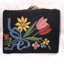Vtg 1950's Floral Needlepoint Embroidered Billfold Wallet w Kiss Lock Coin Purse