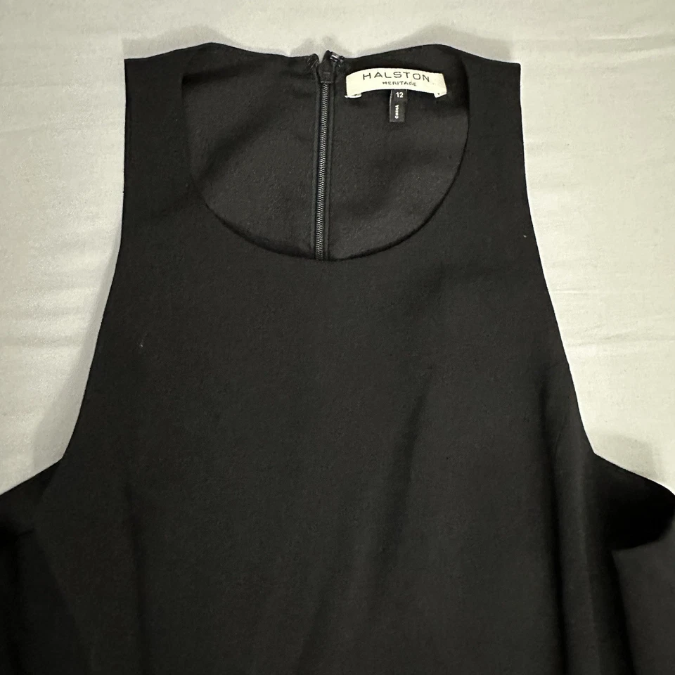 Halston Heritage Dress Womens 12 Black Sleeveless Asymmetrical Midi A-Line Swing - Image 2 of 4