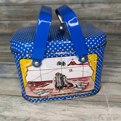 Vintage Tin Box Co. Christmas Container Tin with Handles Skate Winter Box Sewing