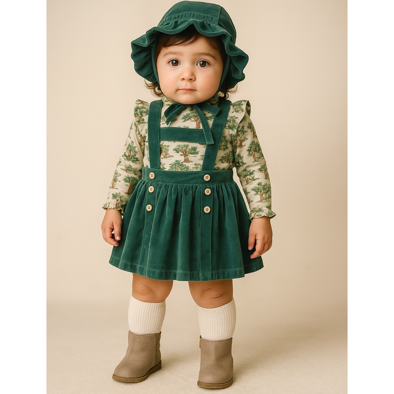 Kate Quinn Gretel Suspender Skirt & Ruffle Bonnet Set Green Velour 12-18M NWT