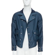 BALENCIAGA 2003 blue silver snap buttons cropped moto biker jacket FR46 S