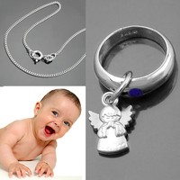 Jungen Taufe Betend Schutz Engel Taufring Safir Blau Echt Silber 925 Mit Kette