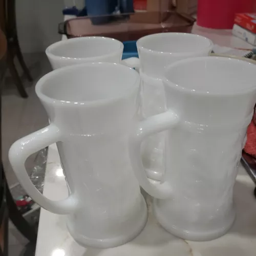VNTG New MILK GLASS SET OF 4 - 6" TALL STEIN BEER MUGS OLD FASHION TAVERN BAR