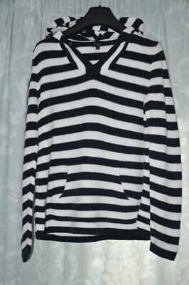 TALBOTS Petites Brenton Striped Cotton Rayon Hooded Pullover Sweater M 