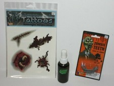3 Instant Zombie kit, 1 Fake Teeth, 1 Green Blood  4 Tattoo Scars Costume Favor