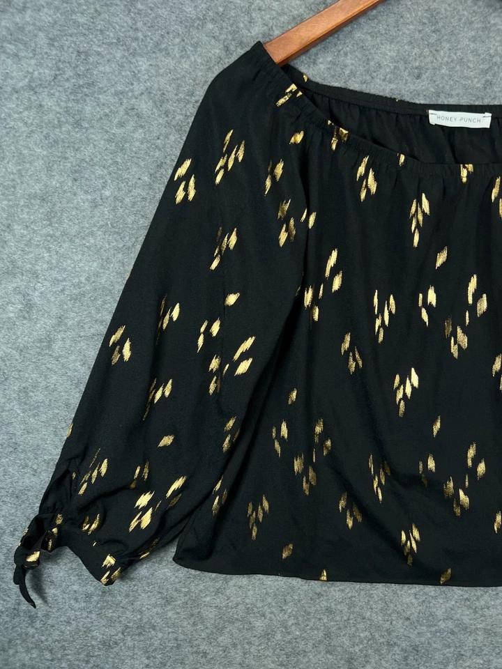 Camisa Honey Punch Para Mujer Mediana Negra Dorada Hombro Descubierto Top Blusa Media Manga Foto 3 de 4