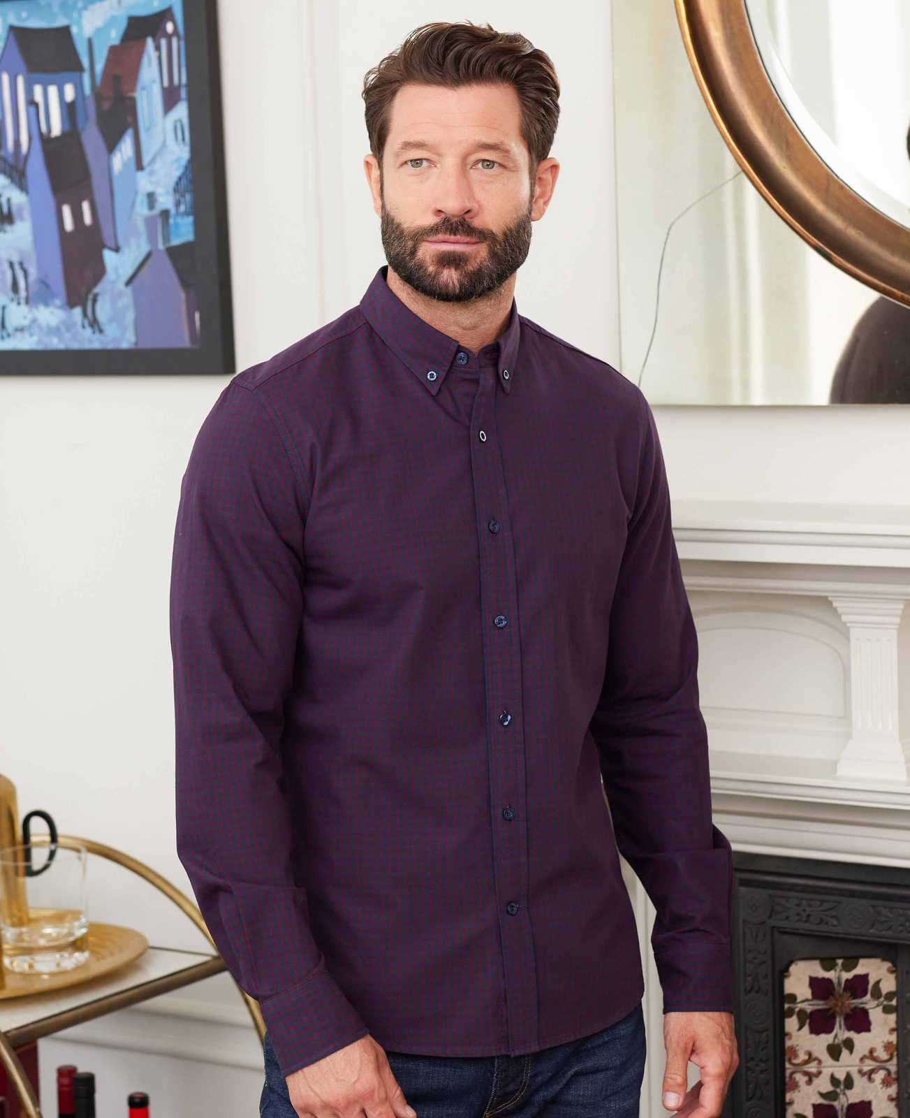 FILA Camicia Oxford da uomo Savile Row Company slim fit blu navy gingham manica lunga cotone