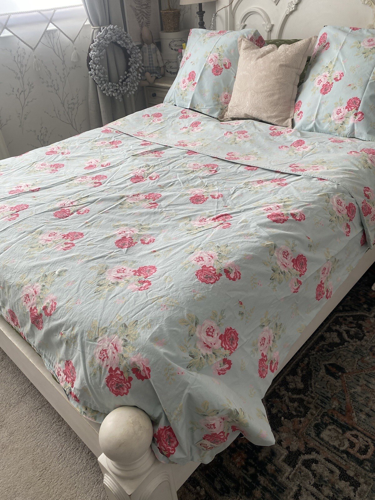 CATH KIDSTON Duck Egg Blue Antique Roses Cotton Double Duvet Cover