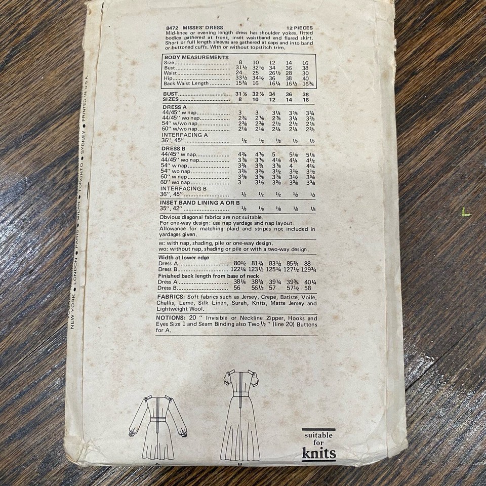 Vintage Vogue 1970s Dress Pattern 2 Variations Size 8 Cut Instructions