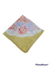 Vtg square yellow cotton handkerchief print roses floral pink white purple