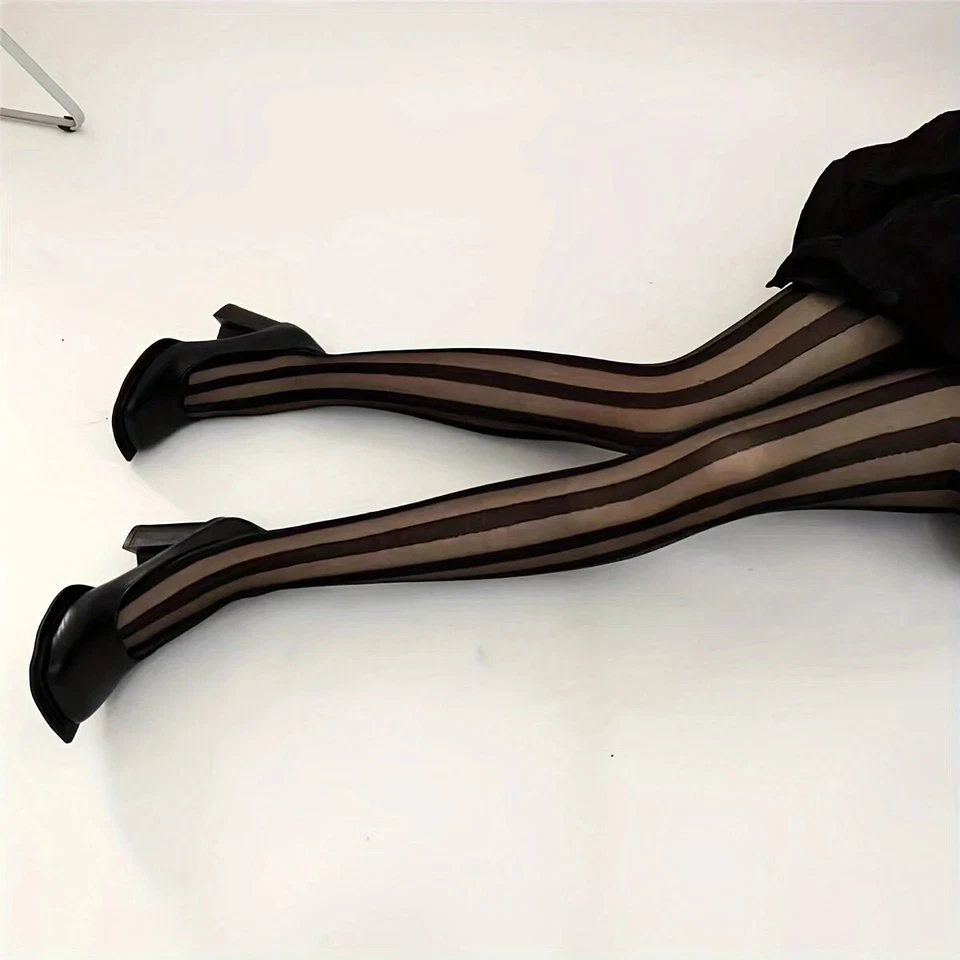 Women Elegant Sheer Tights with Chic Black Striped Pattern, Hot Sexy Pantyhose - Image 4 of 4