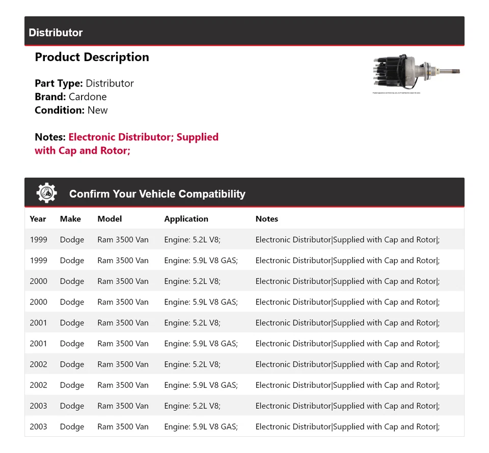 For 1999-2003 Dodge Ram 3500 Van Distributor Cardone 2000 2001 2002 - Image 2 of 4