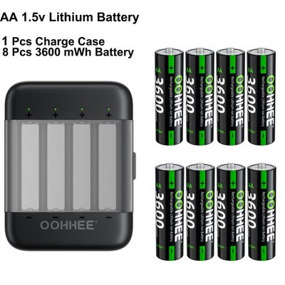 8 PCS 3600mWh 1.5V AA Rechargeable Lithium Battery +1 Pcs Battery Charger Case