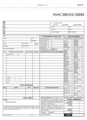 HVAC Service Order Invoice & Repair Detail Form, 3 Part Carbonless (100 Sets)