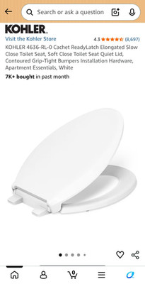 Kohler 4636-RL-0 Cachet ReadyLatch Elongated Toilet Seat White Soft Close