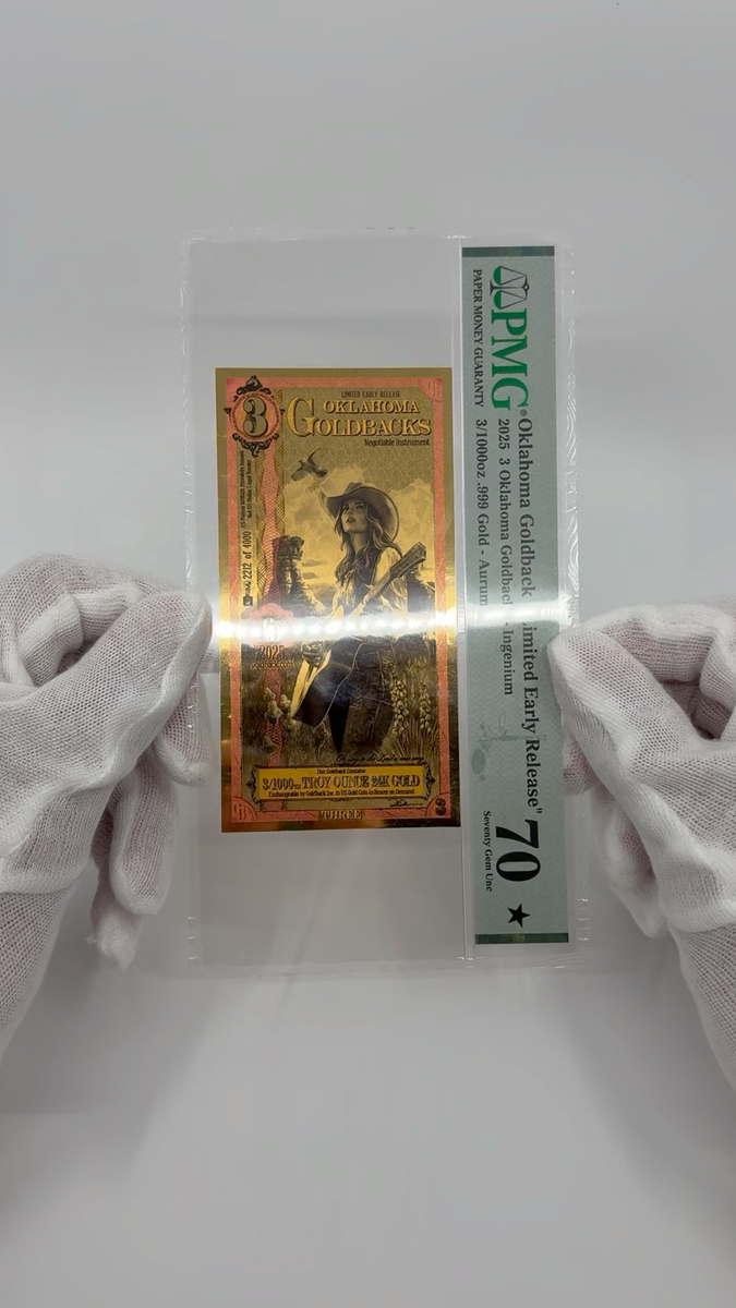 2025 Oklahoma 3 Limited Early Release Goldback PMG 70 (Ingenium