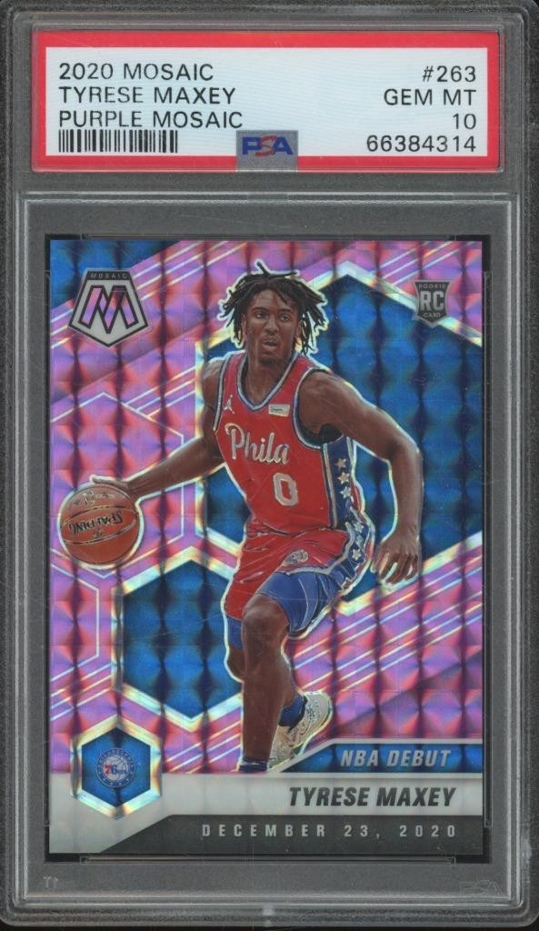 2020-21 Panini Mosaic TYRESE MAXEY #263 RC Debut Purple /49 PSA 10 GEM MINT CW5