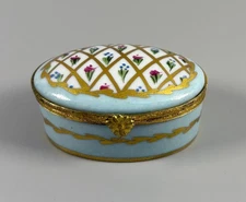 Vintage J Dumont Porcelain Floral Blue Oval Limoges France Hinged Trinket Box