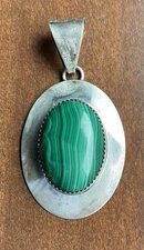 Vintage Sterling Silver Natural Malachite Pendant Estate Jewelry