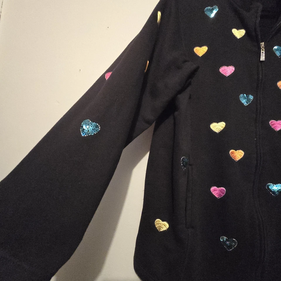 Vtg Quacker Factory Hearts Jacket Womens LG Fleece Embroidered Sequins Colorful - Image 3 of 4