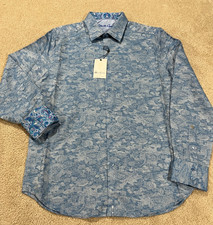 Robert Graham Shirt Men Large Blue Classic Flip Cuff Embossed Floral Button 348