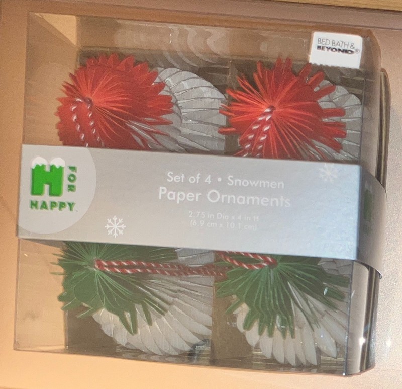 Bed, Bath & Beyond Snowmen Paper Ornaments - Set of 4 ***NEW in Box***
