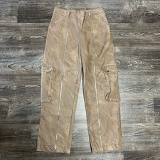 Womens Brown Faux Leather Cargo Pants Large Full Zip Convertible Moto Grunge