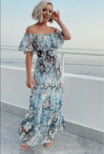 Baltic Born Floral Amalfi Smocked Maxi Dress Sheer Fairy Wedding Blue Small