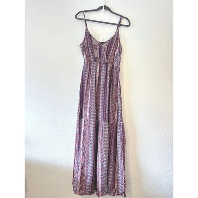 Boho Maxi Dress XL Red Blue Paisley Floral Striped Tiered Sun Dress - Image 1 of 4