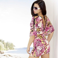 "Kala" Tunic Stretching Cold-Shoulder Micro Mini Beach Dress M L Teenagers