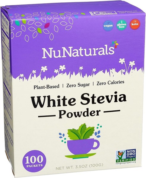 Polvo de Stevia Blanca NuNaturals NuStevia, 100 Paquetes, Edulcorante a Base de Plantas 100g