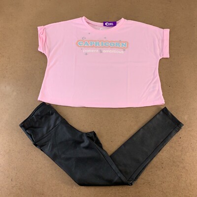 Sugar & Jade Girls Size Medium 10 2 Piece Pink T-Shirt Black Leggings Set NWT