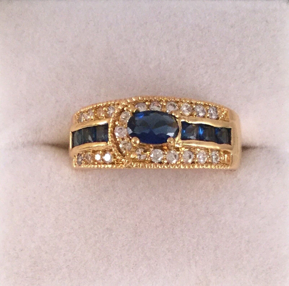 Joyería Vintage Anillo Oro Azul Blanco Zafiros Antiguo Deco Joyería Talla 7 O Foto 3 de 4
