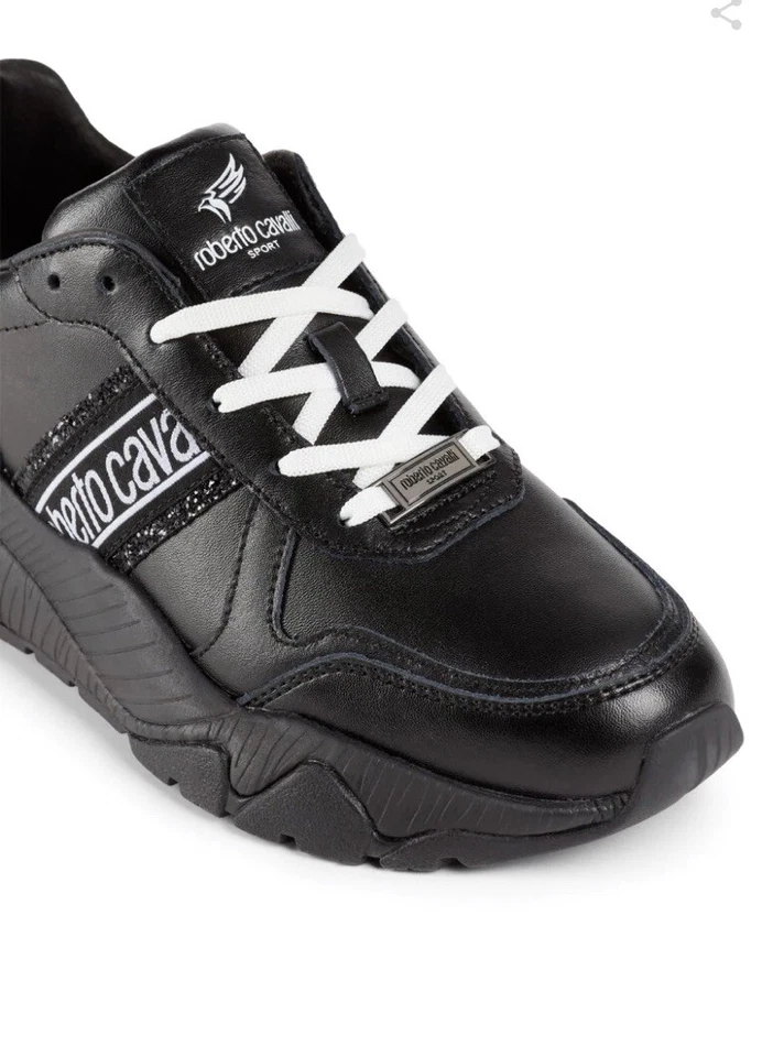 ROBERTO CAVALLI LOGO MUJER ZAPATILLAS NEGRAS 100% CUERO GAMUZA 11/41 NUEVAS Foto 3 de 4