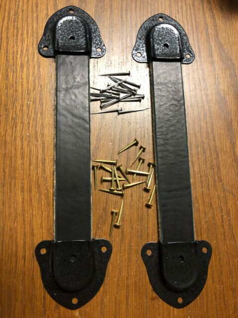 Antique Trunk Hardware--2 Black Leather Handles+ 4-Metal End Caps & Nails--Kit