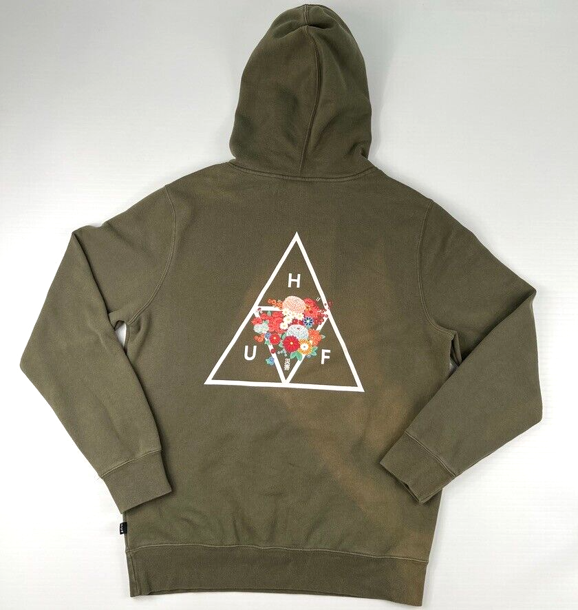 Huf Hoodie Men Large Distress Flower Long Sleeve Sweatshirt Pocket