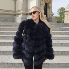 Fashion Womens Real Fox Fur Coat Genuine Fur Black Outwear Winter Basic Overcoat