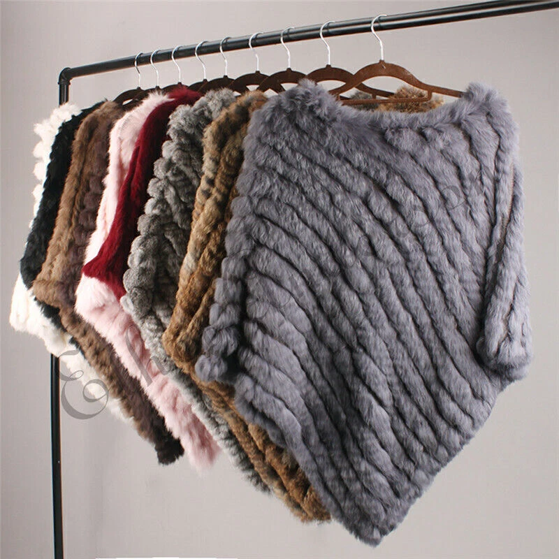 Genuine Rabbit Fur Fuzzy Poncho Vogue Fluffy Vest Wrap Plush Furry Shawl Knitted