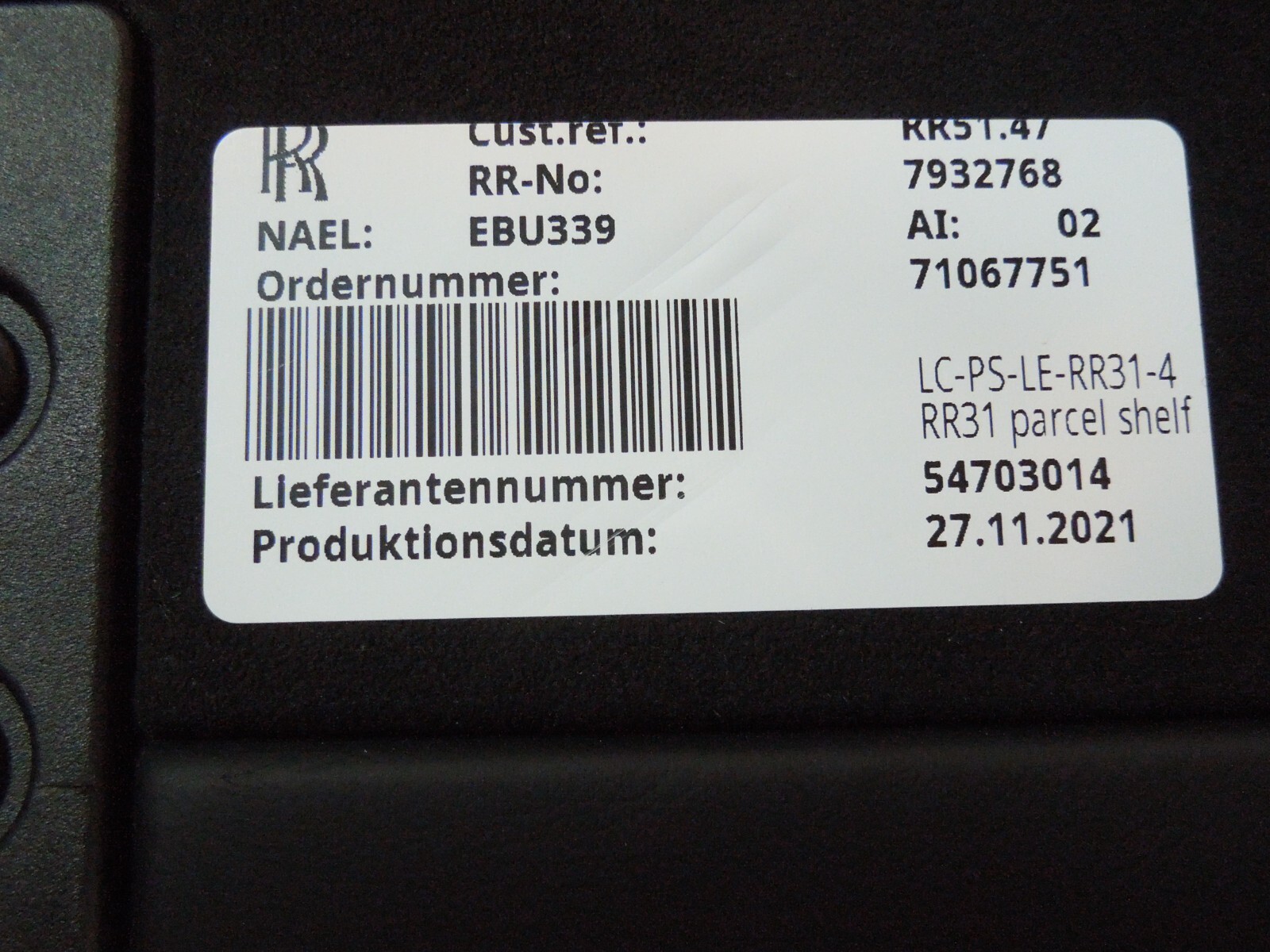 Rolls-Royce Cullinan 2017-2023 REAR Parcel shelf