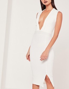 white plunge midi dress