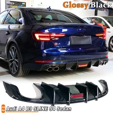 For Audi A4 Sline S4 2017-19 Rear Bumper Diffuser Lip Quad Exhaust Glossy Black