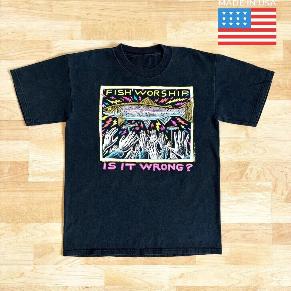Vintage 90s Fish Worship Ray Troll Art Tee Black T-Shirt Faded Black REPRINT S8