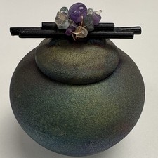 Jeremy Diller signiert Raku Studiokeramik irisierend Traumglas Edelsteine Kristalle